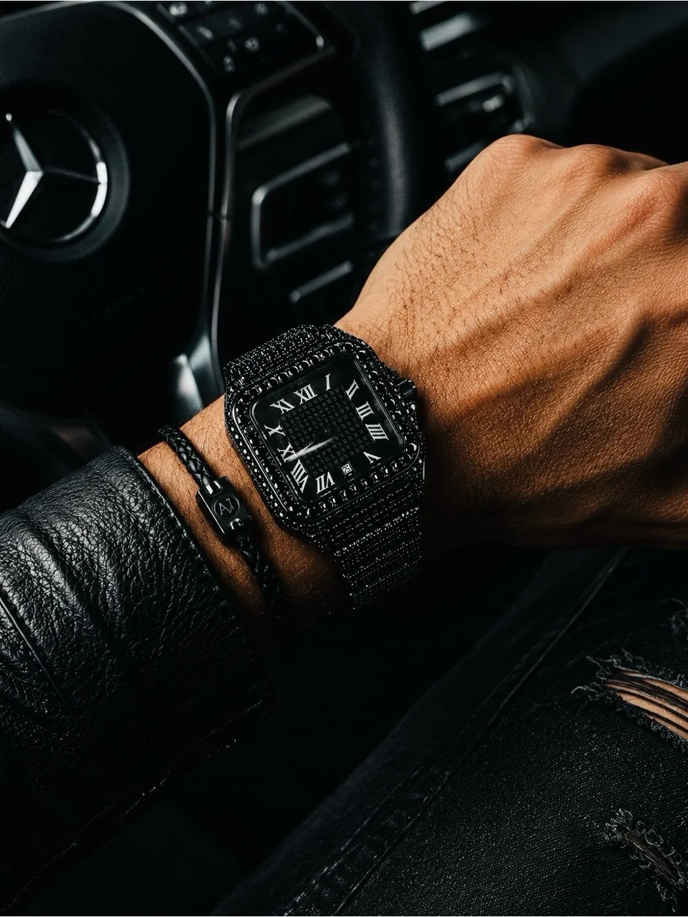 Original AJ Black ice square watch / Roman numeral dial / luxury stainless steel